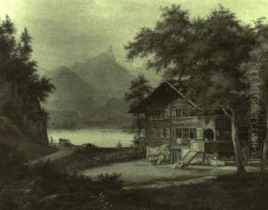 Alpenlandschaft Mit Einem Bauernhaus An Einem See by Johann Jakob Falkeisen