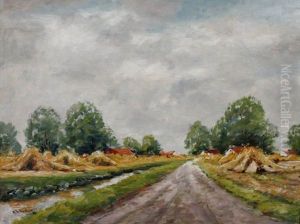 Landschaft Mit Getreidehocken Beiderseits Eines Weges, Im Hintergrund Ein Dorf