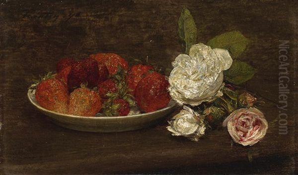 Nature Morte, Grosses Fraises Et Roses - view 1