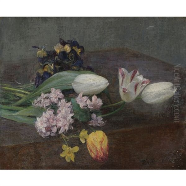 Jacinthes, Tulipes Et Pensees Posees Sur Une Table - view 1