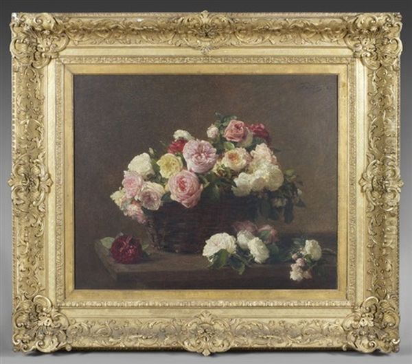 Fleurs Et Panier De Roses Sur Une Table - view 1