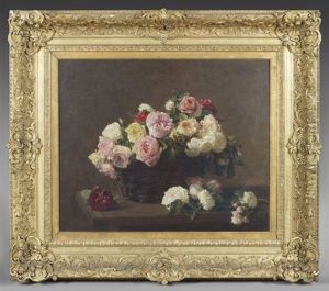 Fleurs Et Panier De Roses Sur Une Table by Henri Fantin-Latour