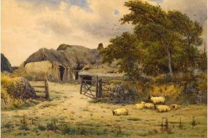 Sheep Grazing By A Farm Gate by Reginald Aspinwall