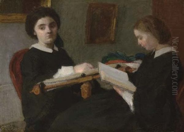 Deux Jeunes Femmes Brodant Et Lisant - view 1