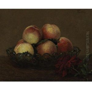 Nature Morte (peches Dans Une Coupe De Verre, Une Rose Rouge Foncee Avec Feuilles A Droite) by Henri Fantin-Latour