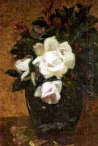 Red And White Flowers In Green Vase - view 1