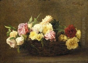 Roses Dans Un Panier En Osier by Henri Fantin-Latour