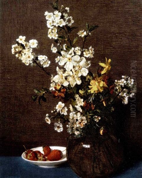 Vase De Fleurs Avec Un Plat De Fraises - view 1