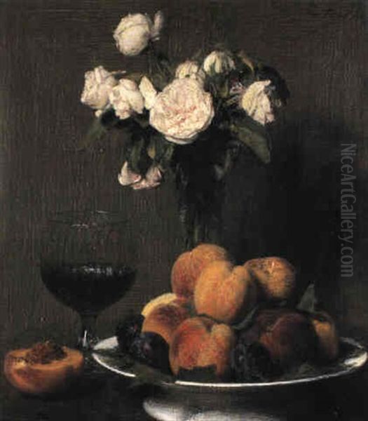 Nature Morte Aux Roses, Fruits Et Verre De Vin - view 1