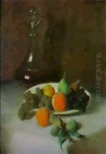 Carafe De Vin Et Assiette De Fruits Sur Une Nappe Blanche by Henri Fantin-Latour