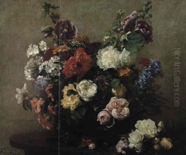 Fleurs Varieset Roses Dans Un Panier, Un Bouquet De Roses Sur La Table - view 1