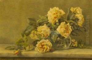 Still Life, Roses In A Glass Bowl, On A Marble Ledge by Victoria Dubourg