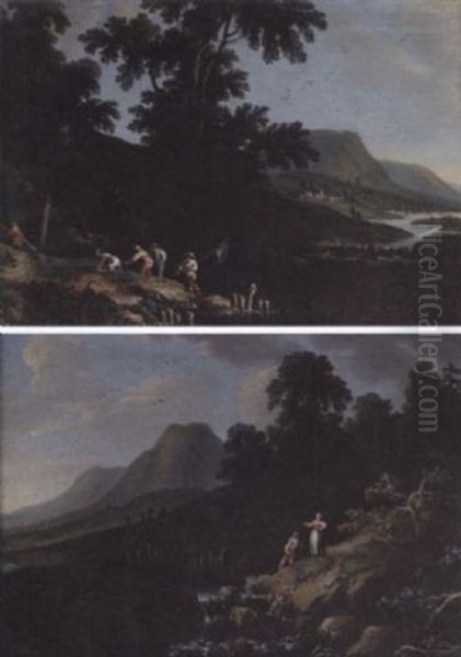 A Rocky River Landscape With Anglers Beside A Waterfall - view 1