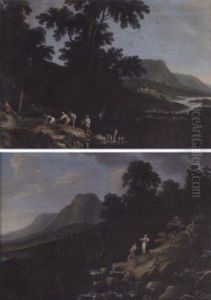 A Rocky River Landscape With Anglers Beside A Waterfall