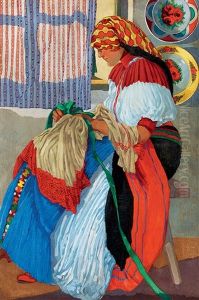 Young Girl Embroidering by Geza Farago