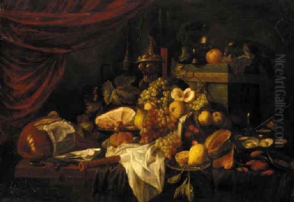 A Cornucopia Of Fruits Alongside Musical Instruments On A Table - view 1