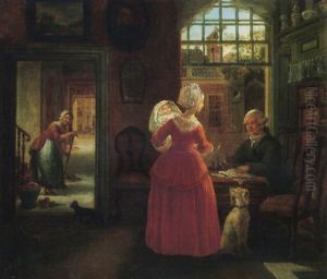 A Domestic Interior With A Husband, His Wife And Their Baby, A Maid Sweeping The Floor Beyond