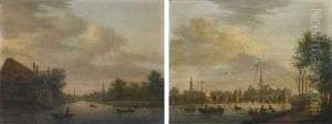 View Of An Amsterdam Canal Near The Timber Yards, With Figures In Boats, A Pavilion On The Bank; View Of A Canal With A Drawbridge, With Figures In Boats And On The Bank, A Church Beyond