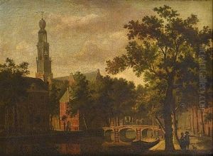 The Westerkerk, Amsterdam, With Figures On A Canal Path With A Horsedrawn Carriage Crossing A Bridge Beyond