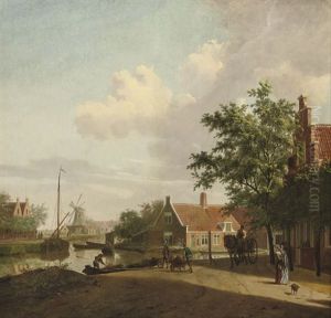 A Town With Figures Working And Conversing Along A River, A Windmill Beyond