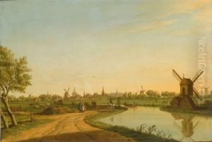 A View Of Leiden Looking From The North To The South With A Tow-boat On The Haarlemmertrekvaart, The Marekerk, The Tower Of The Stadhuis, The Onze Lieve Vrouwe Kerk, The P