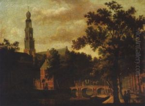The Westerkerk, Amsterdam, With Figures On A Canal Path With A Horse-drawn Carriage Crossing A Bridge Beyond