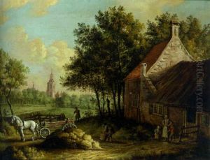 Peasants Loading Hay Onto A Wagon By A Farm, A Village Beyond