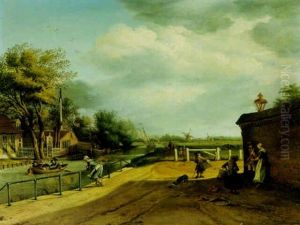 A Dutch Canal With Rowing Boat And Sailing Boats, Peasant On A Towpath