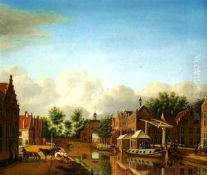 A View Of The Korte Mare, Leyden, From The South With Townsfolk Waiting For The Haarlem Ferry Near The Inn 'de Goude Molen', The Marepoort Beyond
