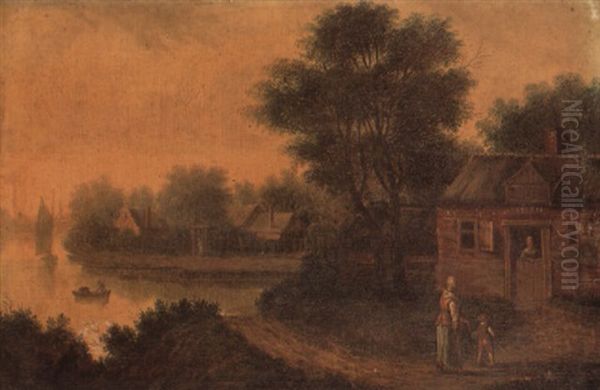 Wooded River Landscape With Figures Outside A Cottage - view 1