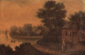 Wooded River Landscape With Figures Outside A Cottage