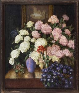 Still Life Of A Ceramic Figure And Flowers In A Blue Vase