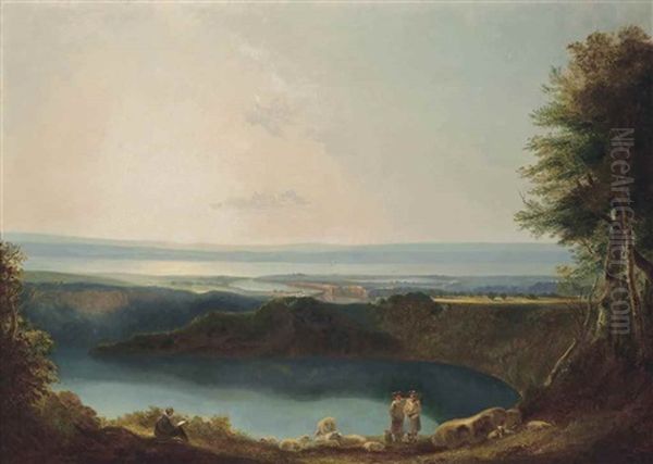 An Extensive River Landscape, Possibly The River Wye From Wyndcliffe, With Chepstow And The River Severn Beyond, An Artist And Shepherds In The Foreground - view 1