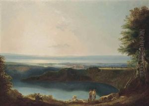 An Extensive River Landscape, Possibly The River Wye From Wyndcliffe, With Chepstow And The River Severn Beyond, An Artist And Shepherds In The Foreground by Joseph Farington