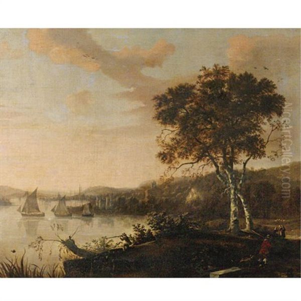 River Landscape With Hunters And A Port In Background - view 1