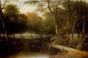 A Wooded Landscape With A Wooden Bridge Over A Stream, Figures On A Country Path Beyond by Joseph Farington