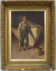 Boy With Fish Standing By Boat by Herbert Cyrus Farnum