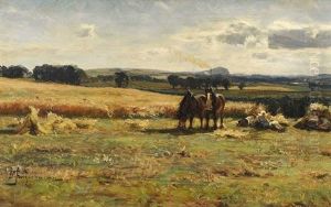 Horses In Field, With Farm Workers Resting