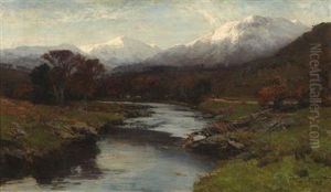A River Landscape With Distant Snowy Peaks by David Farquharson