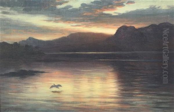 Sunset Over A Loch With A Heron In Flight - view 1