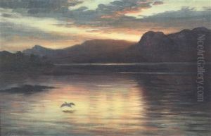 Sunset Over A Loch With A Heron In Flight by Joseph Farquharson