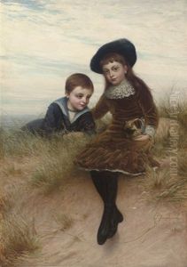 Portrait Of Roland Stephen Astley Kennard And Laura Kennard With A Pug Seated On A Sand Dune, The Sea Beyond