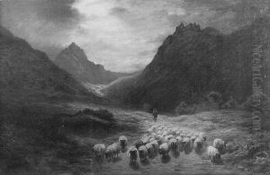 Herder And Sheep In Valley by Joseph Farquharson