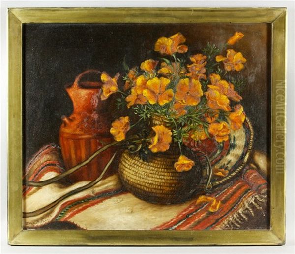 Poppies In American Indian Basket With Urn And Blanket - view 1