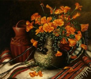 Still Life With California Poppies, Indian Baskets, Pottery And Blanket by Ellen Frances Farr