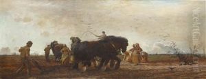 Ploughing, Figures And Horses At Work In A Field