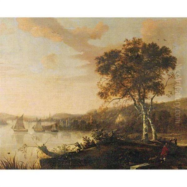 River Landscape With Hunters And A Port In Background - view 1