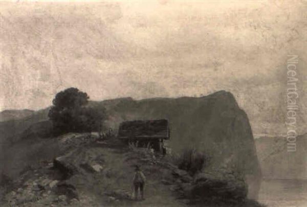 Paesaggio Lacustre Con Baita E Figure - view 1