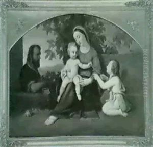 Die Hl. Familie Mit Dem Johannesknaben Vor Mauerwerk        Und Landschaft.