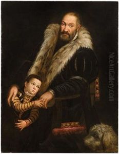 Portrait Of A Gentleman And A Child With A Dog by Giovanni Antonio Fasolo